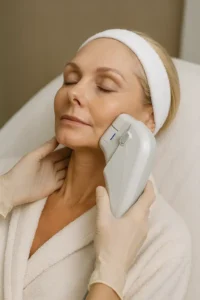 Woman receiving HIFU non surgical facelift treatment Pinner