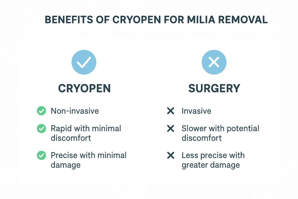 Benefits of cryopen for milia removal Pinner compared to surgical treatments.