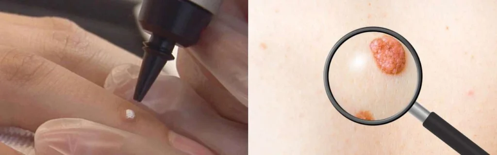 CryoPen practitioner Pinner assessing a benign mole before treatment