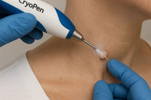 Person receiving cryotherapy Pinner for skin tag removal