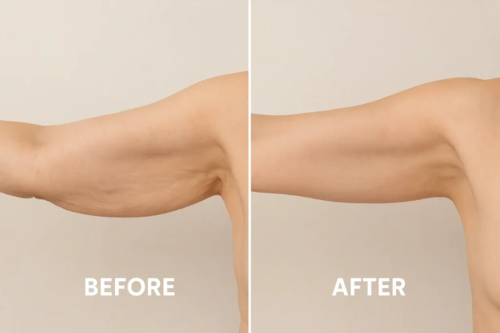 Picture of LA LIPO Pinner before and after results of skin tightening treatment on the upper arms.