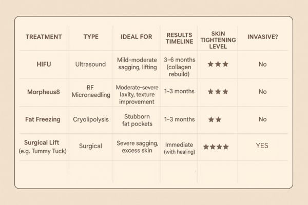 Table showing the comparisons of Skin tightening Pinner treatment options.